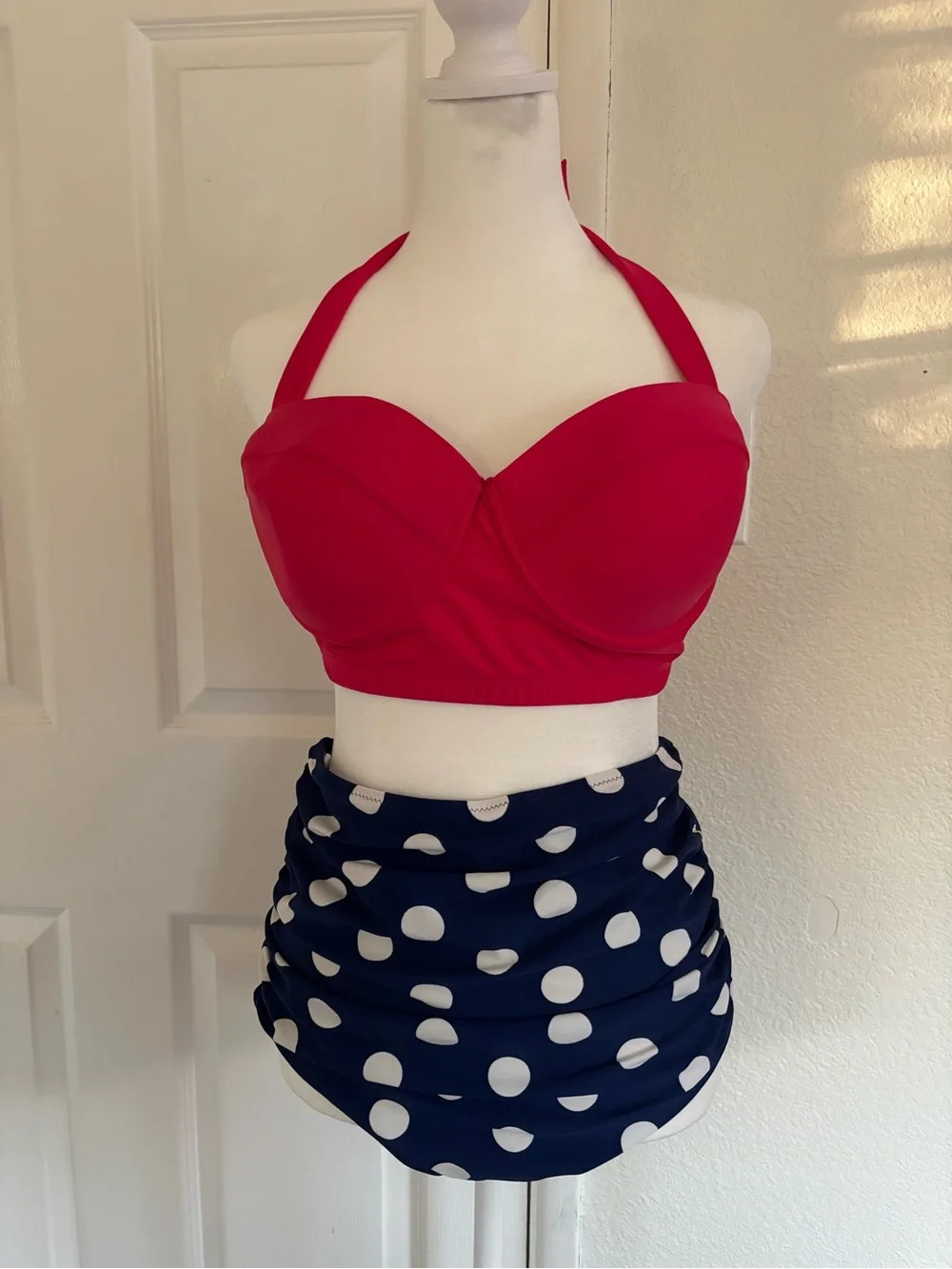 🌞Pink Bandeau Halter Bikini Top with Navy White Polka Dot Skirted Bottom